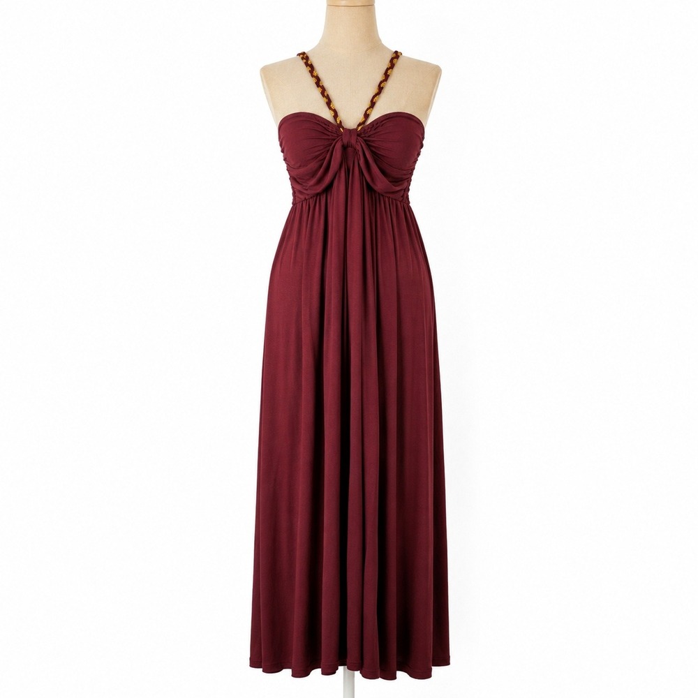 Romantic Sleeveless Smocked Maxi Dress Size S Burgundy Braided Vacation Resort